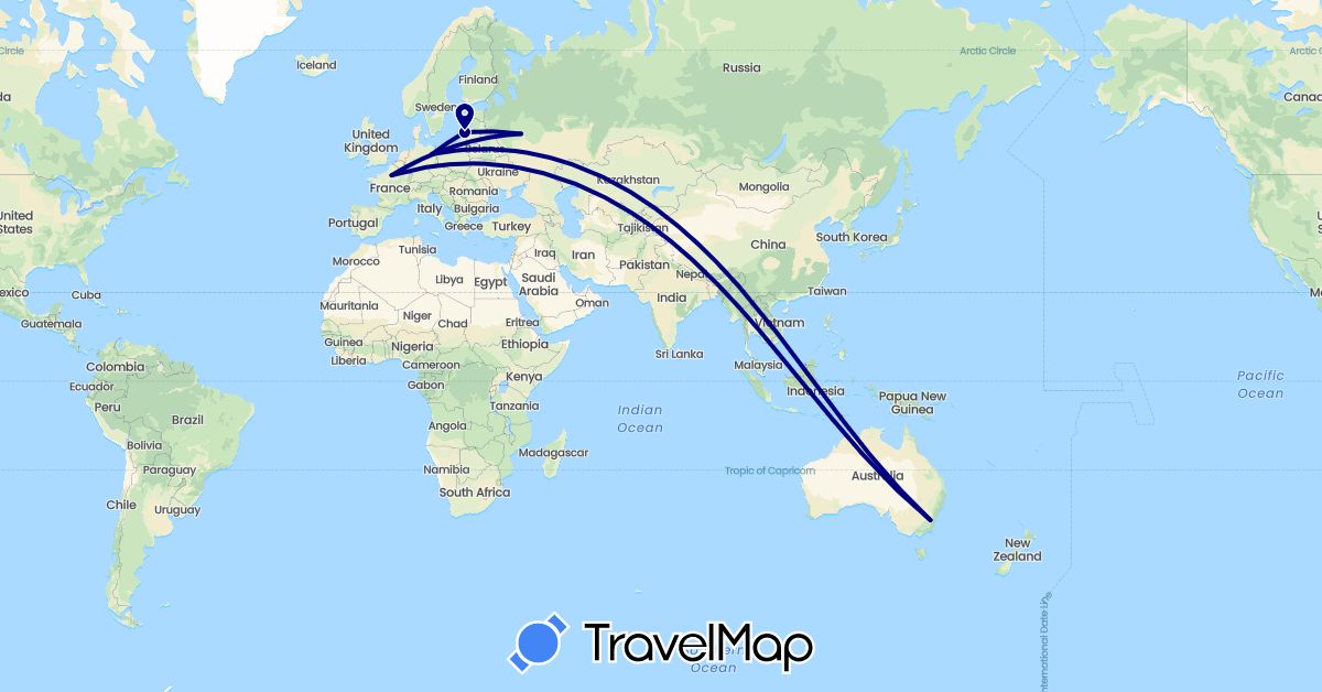 TravelMap itinerary: driving in Australia, Germany, France, Lithuania, Russia (Europe, Oceania)